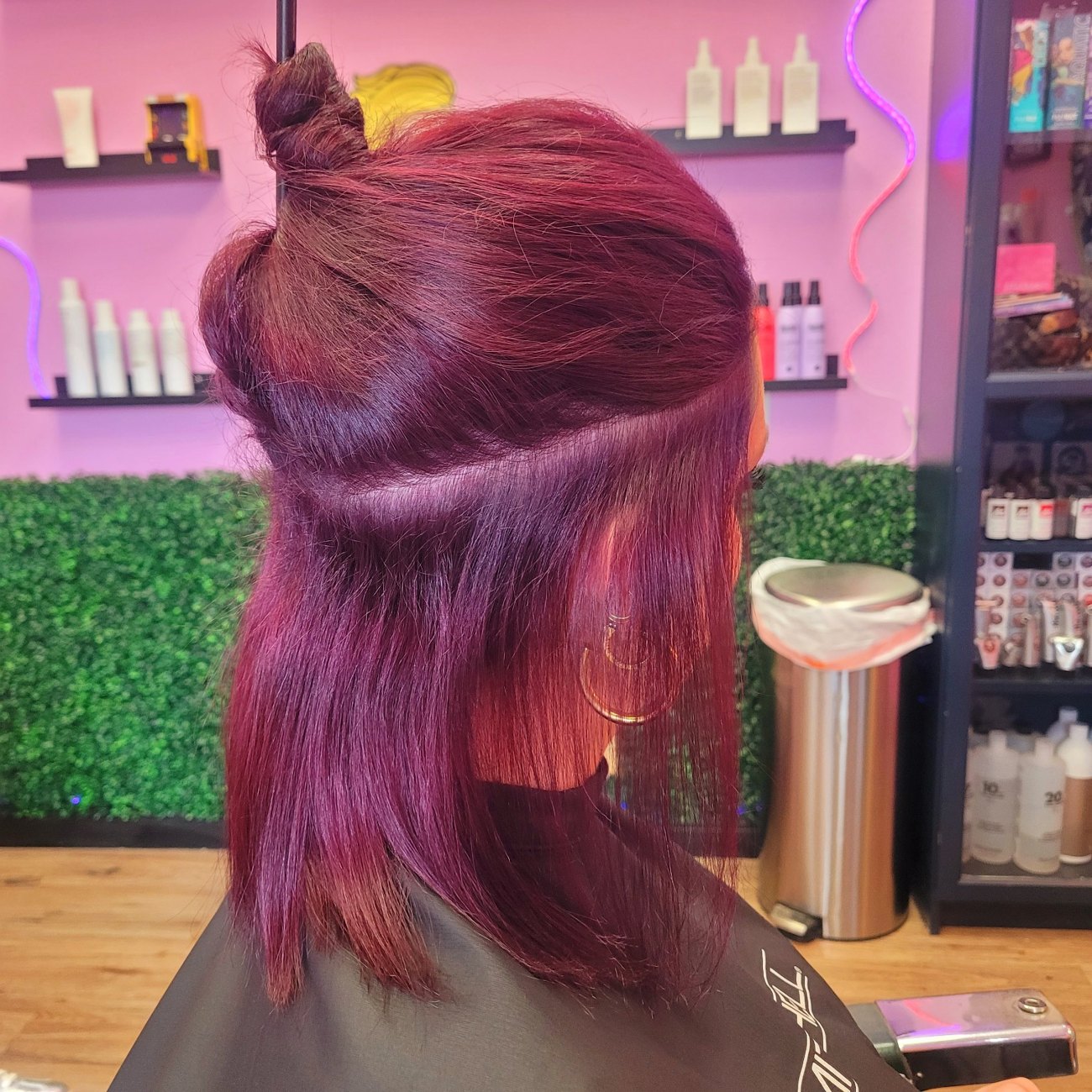 Before hair extensions: shorter burgundy hair